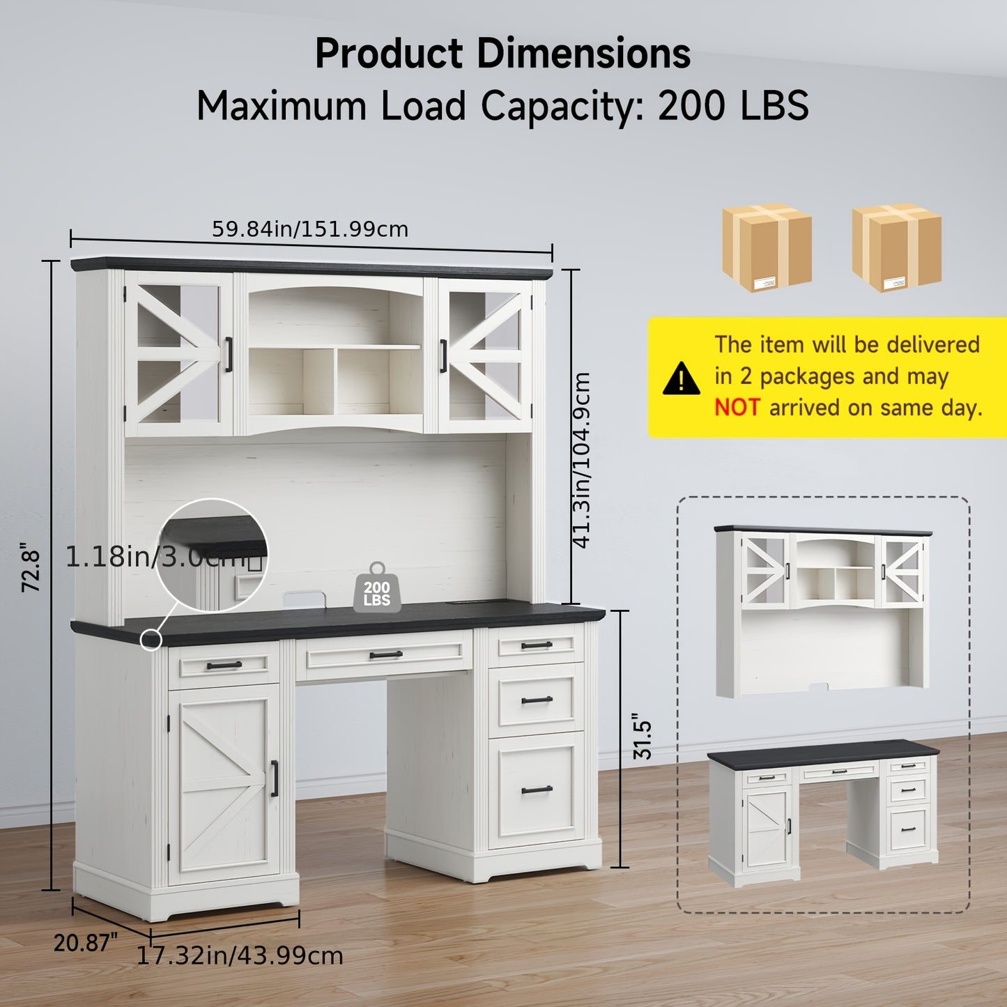 73-inch H Farmhouse Style Executive Desk with Bookshelves And Charging Station | Desk with 5 Drawers, Locker, And Cable Management System, Home Computer Workstation, Off White& Black