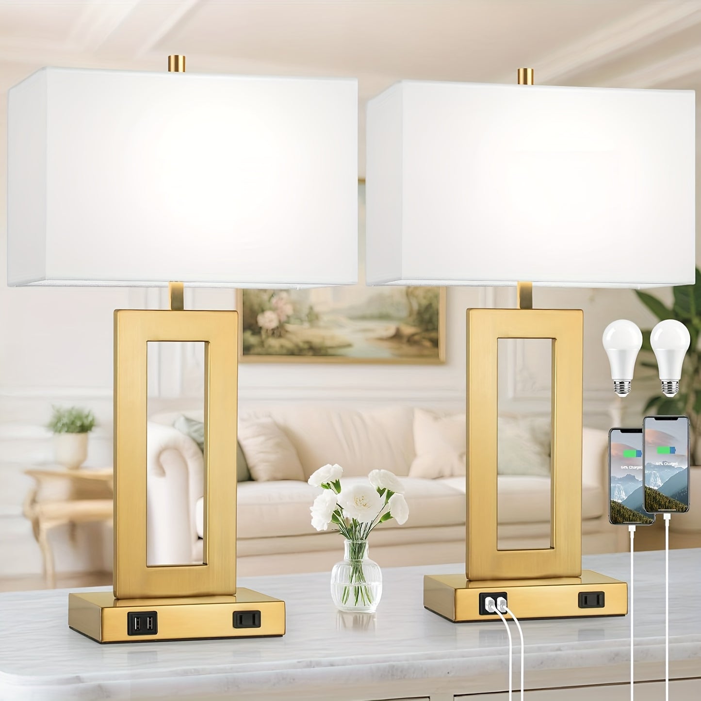 Set Of 2 Touch Control Table Lamp with 2 USB Ports, 3-Way Dimmable Modern Nightstand Lamp Sets Bedside Touch Desk Lamp with Fabric Cream Shade for Bedroom Table Living Room Reading, Included Bulbs, Table Lamp for Living Room,