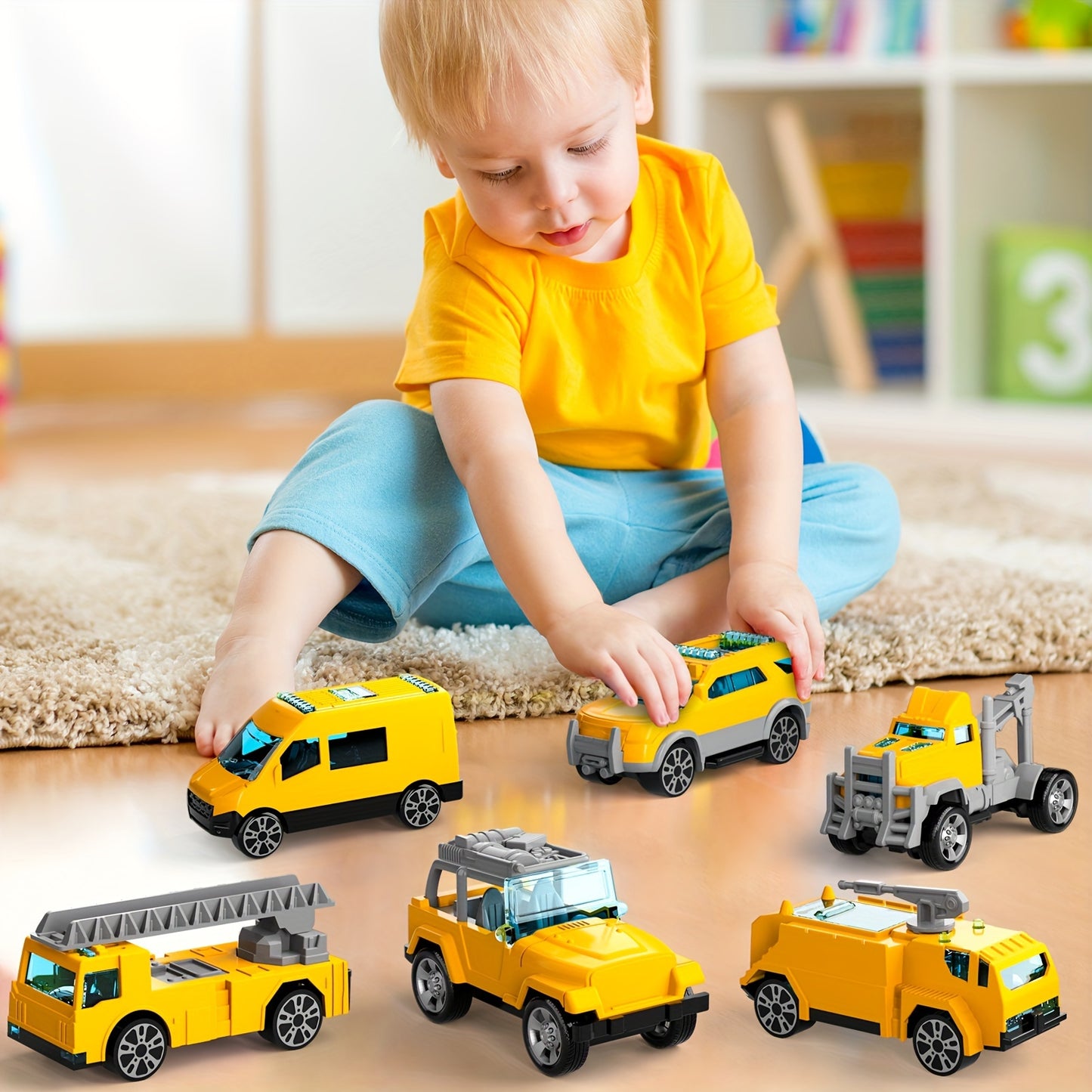 Educational Airplane with Steam Lights and 4 Cars in Yellow - Colorful Box Set