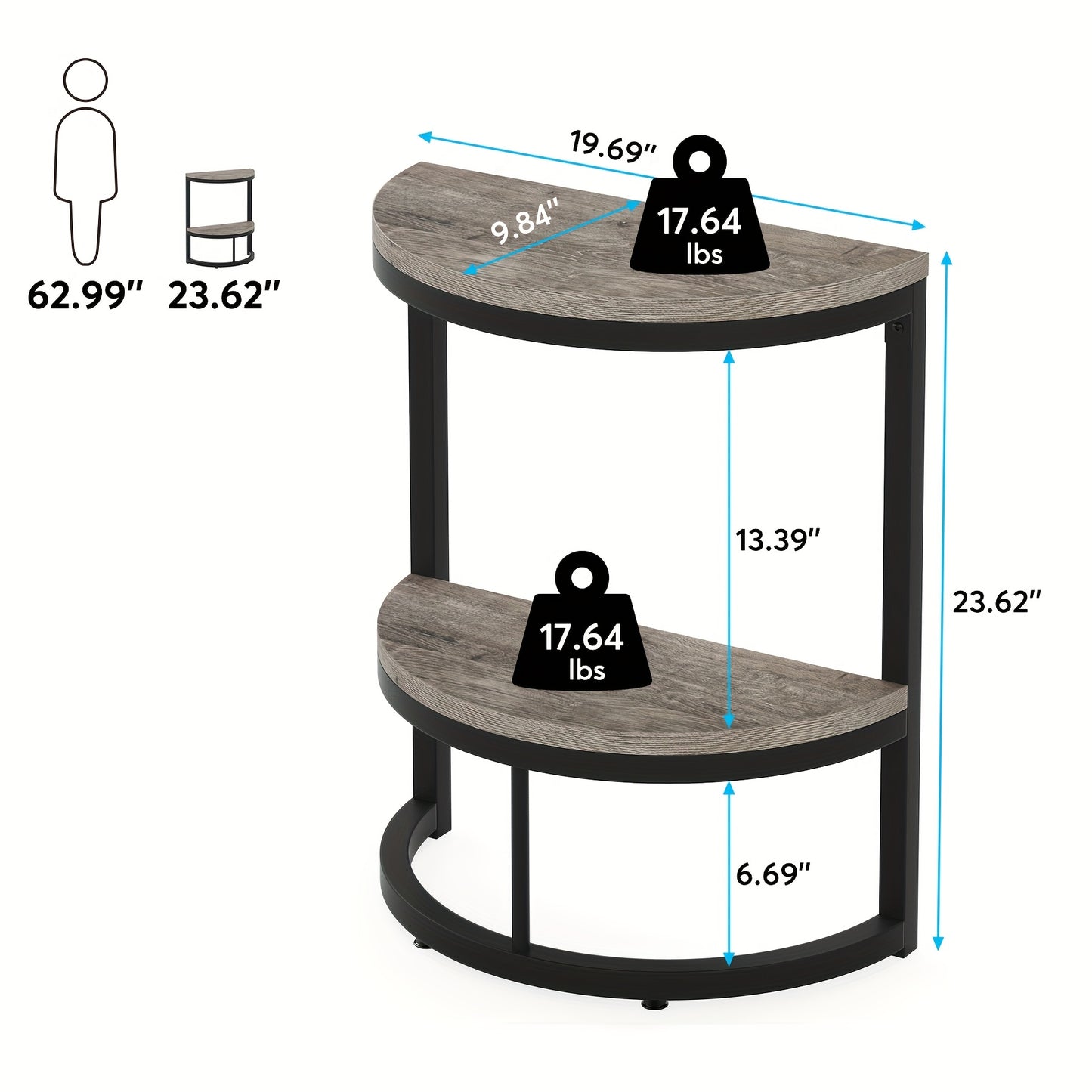 2-Tier End Table Semi Circle, Small Half Round Side Table with Storage Shelf, Wood Accent Table Slim C Table for Sofa Couch, Living Room, Bedroom, Small Space, Easy Assembly