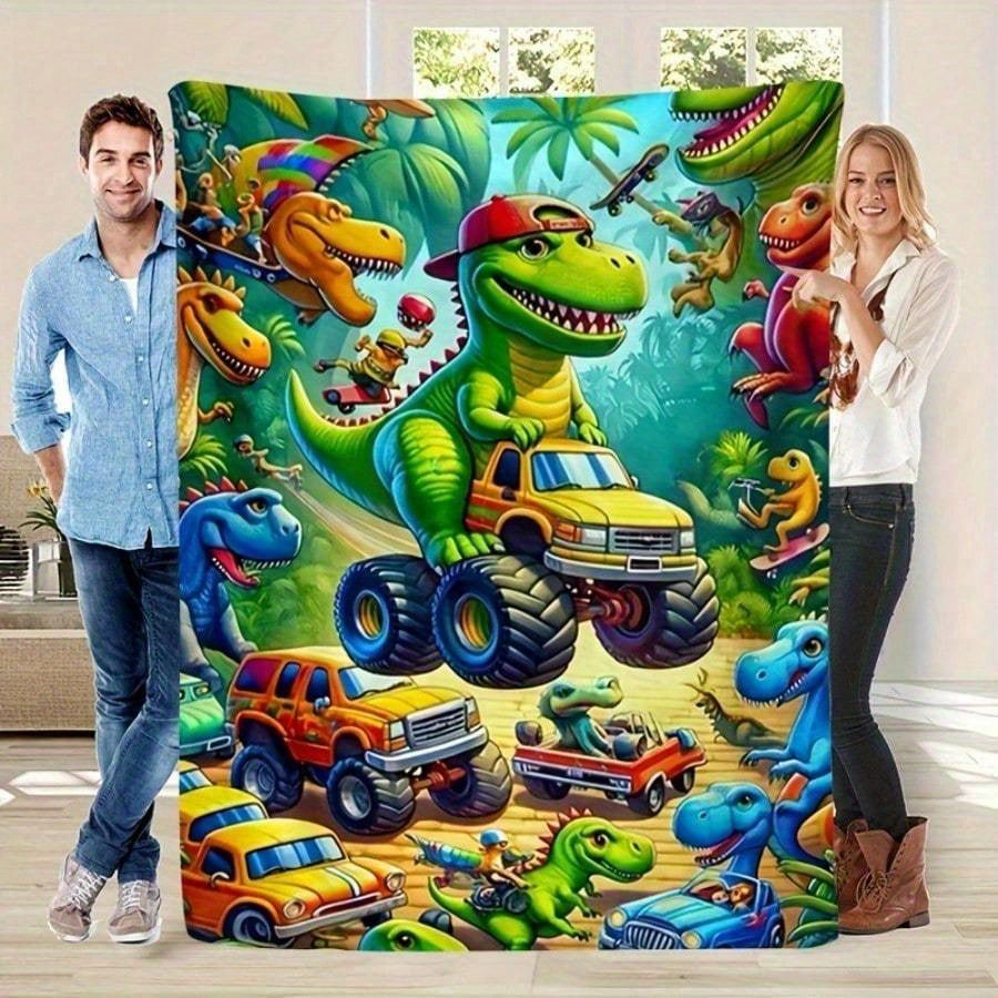 Vibrant Dinosaur Truck Flannel Blanket - 280gsm Heavyweight 100% Polyester All-Season Soft & Durable, Cartoon Dinosaur Design with T-Rex, Triceratops