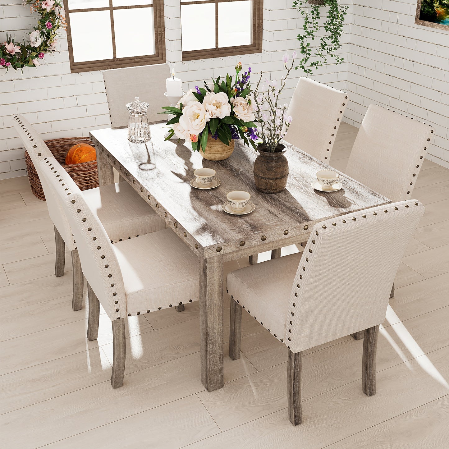 7/5pcs Rustic Modern Farmhouse Dining Table and Chair Set Suitable for Spacious Dining Rooms, Entertaining - Solid Wood & MDF Table with Sturdy Legs, Assembly, Wood Grain, Tableset for,, or Use