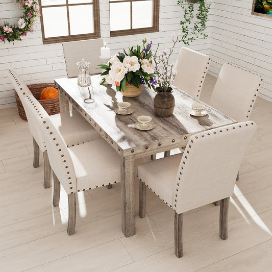 7/5pcs Rustic Modern Farmhouse Dining Table and Chair Set Suitable for Spacious Dining Rooms, Entertaining - Solid Wood & MDF Table with Sturdy Legs, Assembly, Wood Grain, Tableset for,, or Use