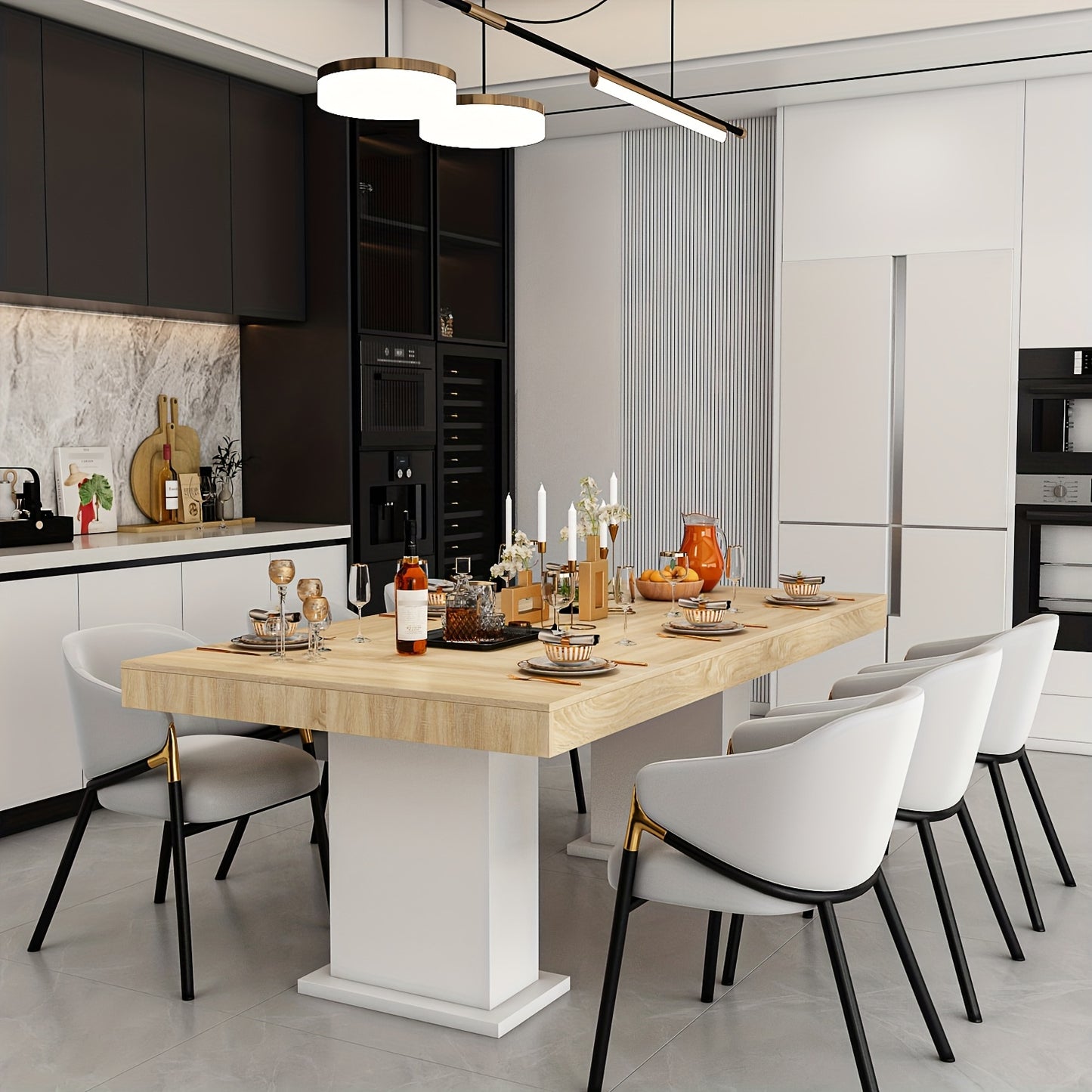 78.7'' W Large Wooden Dining Table | Heavy Duty Metal Frame, Rectangular, Wooden Grain Top, Easy To Assemble, White Base, Rustic Style, Hardwood Material, Brand: FUFU&GAGA