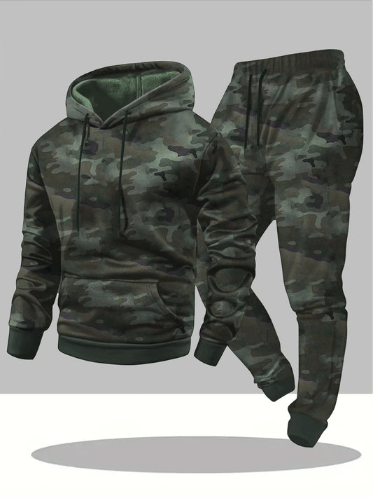 A Set of Two Men'S Casual Hooded Sweatshirts with a Camouflage Design And Kangaroo Pockets, Along with Matching Sports Trousers, Ideal for Streetwear, Outdoor Activities, Hiking, Fitness, Training, Vacations, Parties, Gifts,