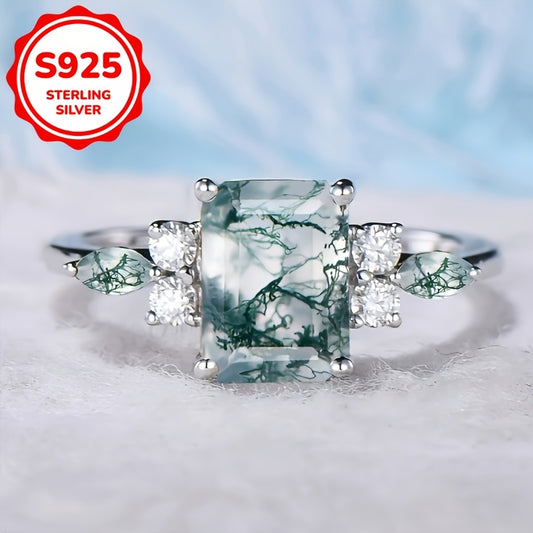 A Beautiful Square Natural Moss Agate Engagement Ring Made of S925 Sterling Silvery, a Stylish And Elegant Promise Ring for Her Anniversary Gift Weighing 2. 4G. Note: Each Piece of Moss Agate Has Slightly Different Patterns D