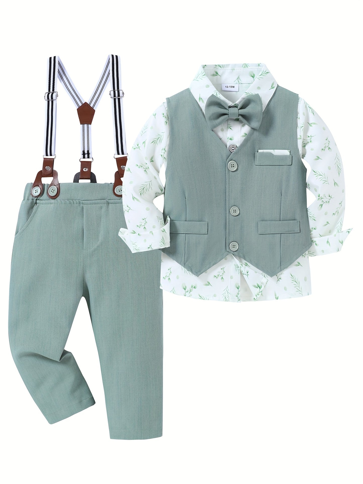 4pcs Boy Clothes Suit Gentleman Wedding Outfits Formal Dress Shirt/Bowtie/Vest/Suspender Pants 1-5T, Special Occasion Outfit, Toddler Wedding Attire, Elegant Toddler Outfit, Classic Baby Suit, Comfortable Toddler Clothes, Dur