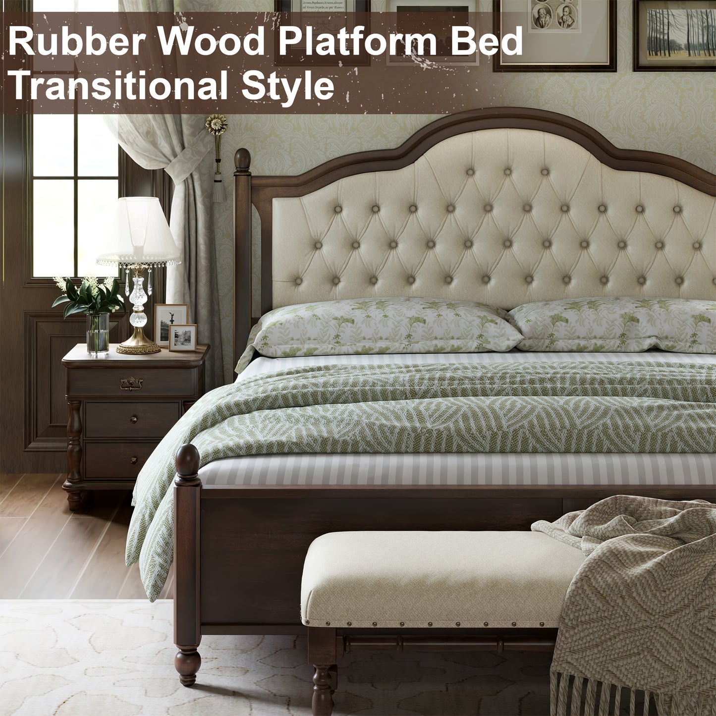 A Robust Wooden Bed Frame Featuring a Stylish Platform Design And a Sophisticated 52.5" Upholstered Tufted Headboard, Merging Strength with Elegance.