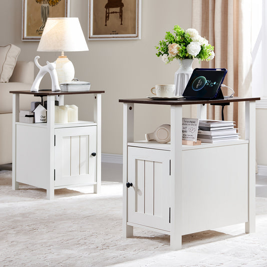 Farmhouse Nightstand Set Of 2 with Charging Station, End Table with Drawers And Storage Shelves for Living Room Bedroom