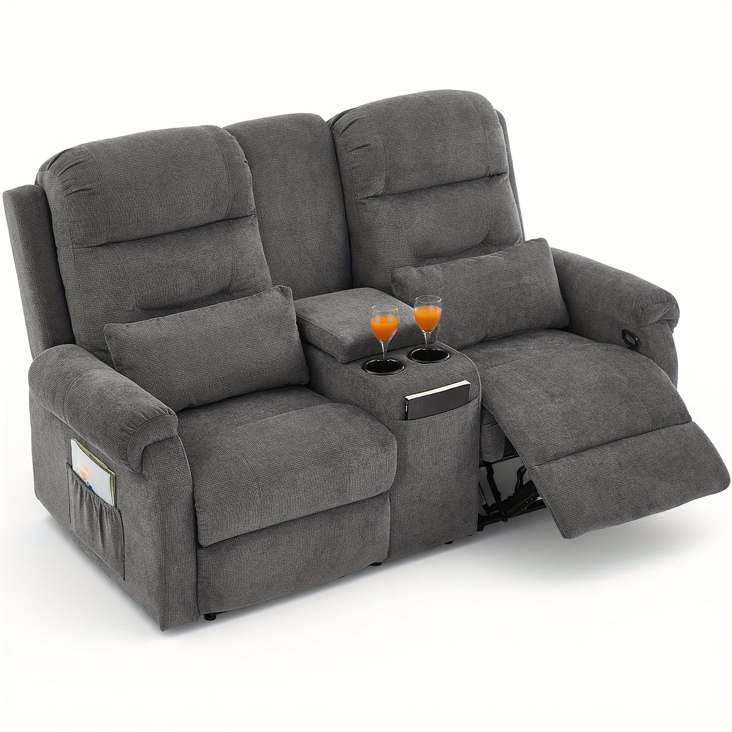 Manual RV Loveseat Recliner | Brown Velvet Cushion-back Sofa with Console, Cup Holders, Pockets for Living Room and Home Theater Seating, Metal Frame, Contemporary Style by VUYUYU