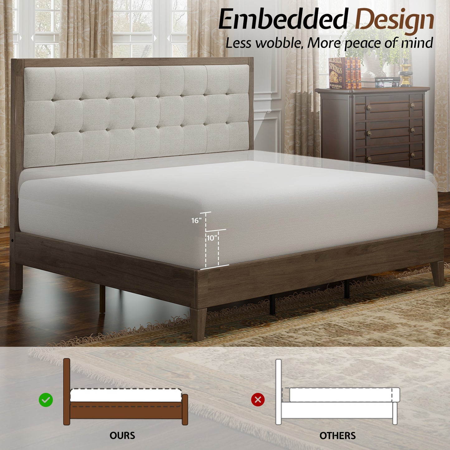 ALBOTT Wooden Bed Frame, High Upholstered Tufted Headboard, Sturdy Wood Platform, No Box Spring Required