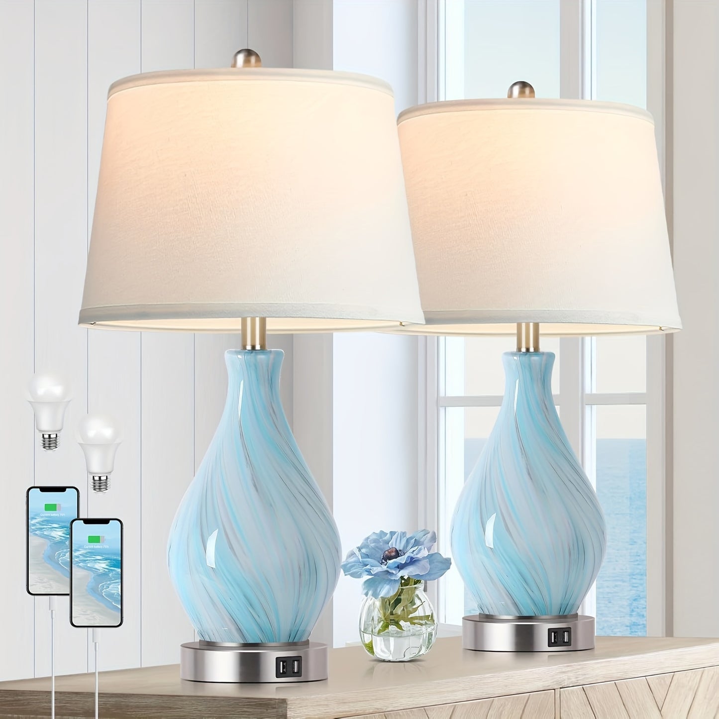 Table Lamp Set Of 2 Touch Control, 22" Faded Swirl Blue Gray Art Glass With USB Ports