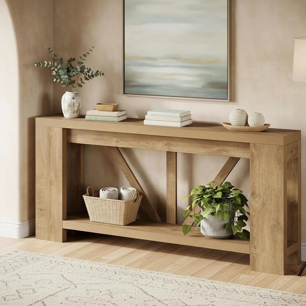 70.9 Inch Light Brown Farmhouse Wood Console Table | Extra Long Sofa Table Behind Couch for Holiday Home Decor, BYBLIGHT, Engineered Wood, Contemporary Style