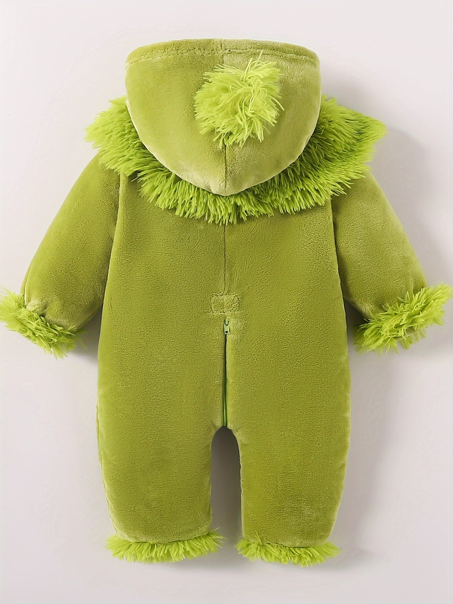 Infant Baby Boy & Girl Green Monster - Furry Hooded Zipper Jumpsuit with Plush Trim, Soft Fuzzy Outfit with Heart Cutouts & Fluffy Ears for Christmas, Birthday Party, Everyday Play - Easy-Care Monster Romper ( to 12m) - Hand