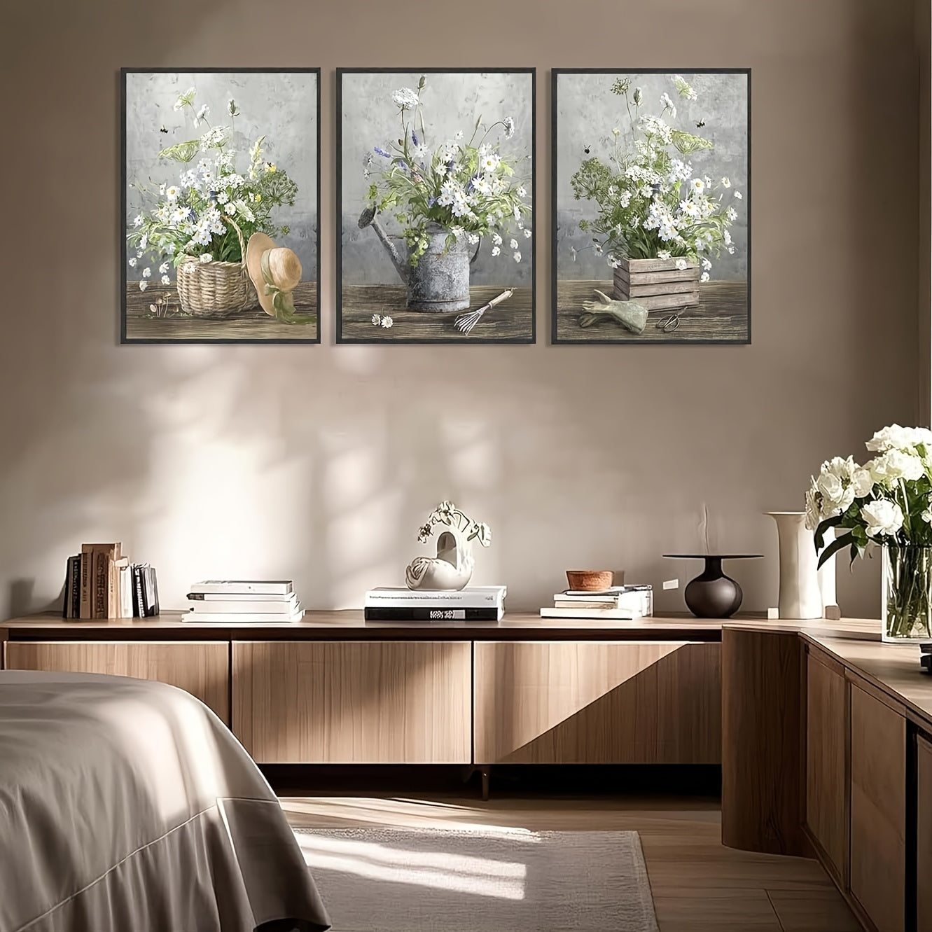 3 Count Country Daisies Poster Wall Art Countryside Flower Painting Picture Wall Decor Farmhouse Still Life Basket Poster Print Artwork for Bathroom Decoration 12x16in, Available 365 Days