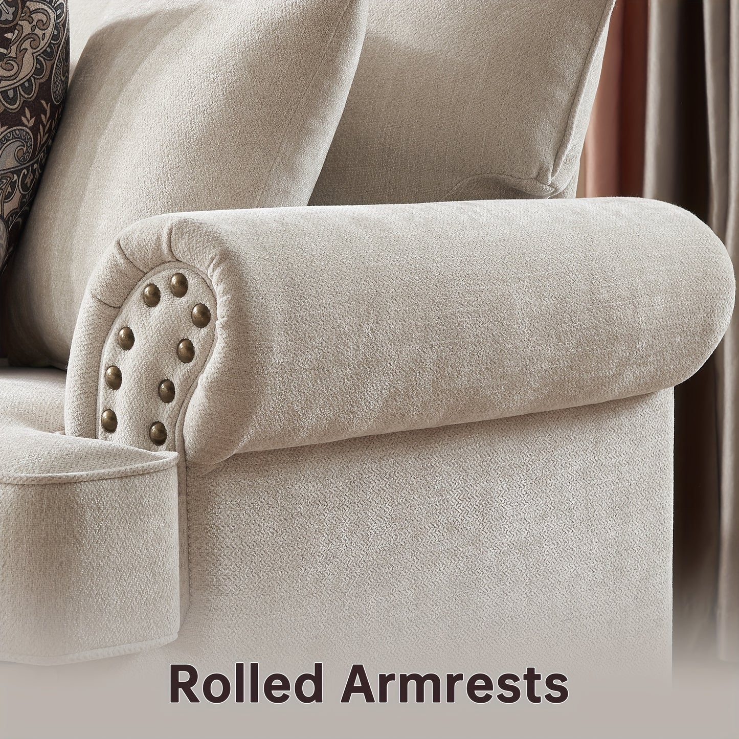 Modern Farmhouse Loveseat And Sofa Set, Chenille Upholstered Couches with Nailhead Trim, Wooden Legs, 9 Accent Pillows, Comfy Sleeper for Living Room