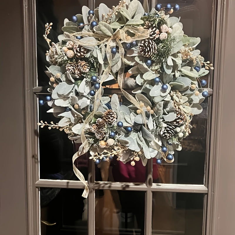 16-Inch Blue Eucalyptus Wreath with Golden Sheep Ears & Pine Cones - Elegant Front Door Decoration, Durable Plastic Faux Foliage for Year-Round Use, Christmas, Halloween, Housewarming Gift - Easy to Hang, No Maintenance Requi
