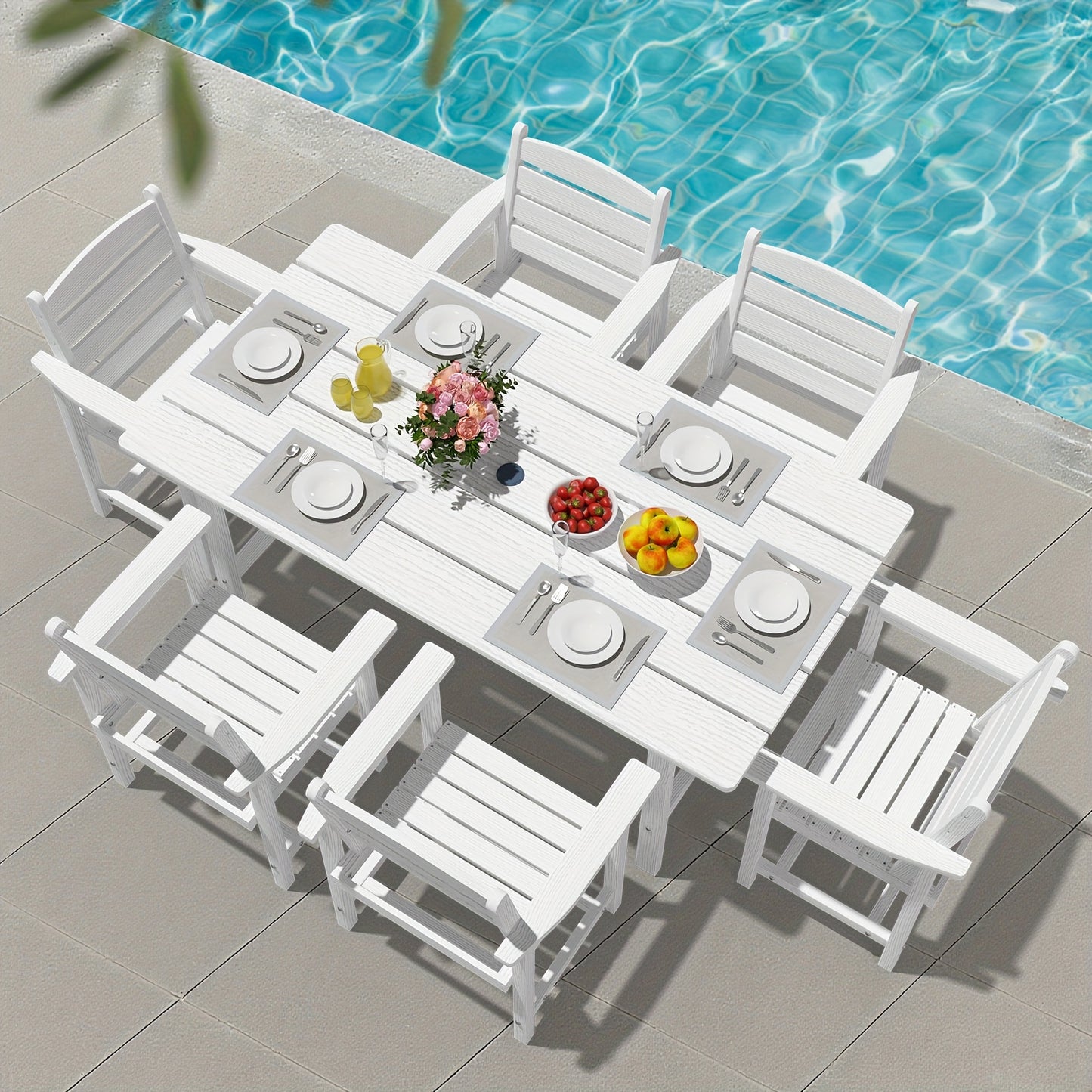 Outdoor HDPE Dining Set, 7pcs Outdoor Furniture with Large Table& 6 Chairs, All-Weather Patio Dining Set for Lawn, Garden, Backyard, Poolside