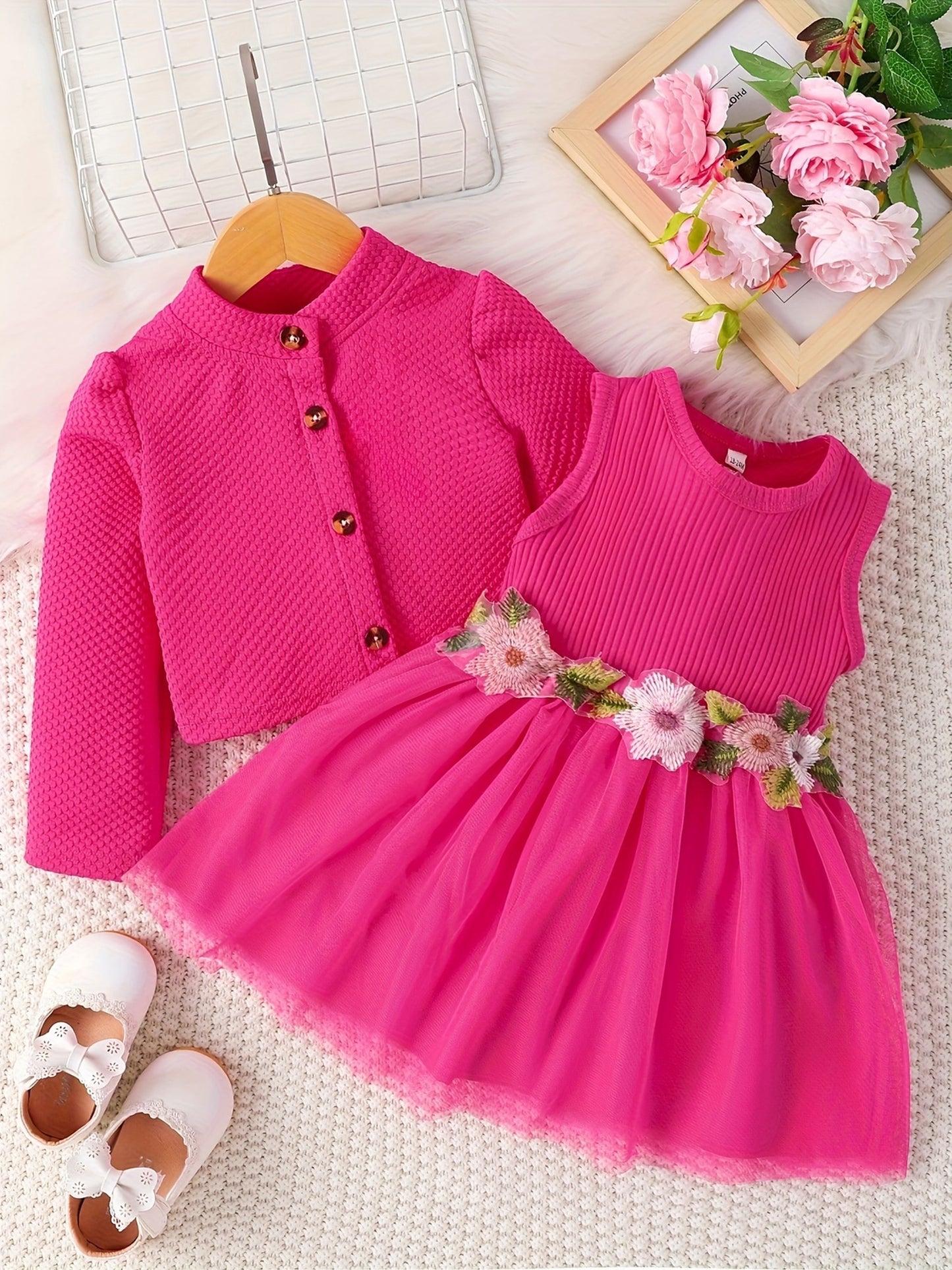 Baby Girl Fall Outfit, Long Sleeve Cardigan Coat Flower Embroidery Tulle Tank Dress 2pcs Set, for Outdoor
