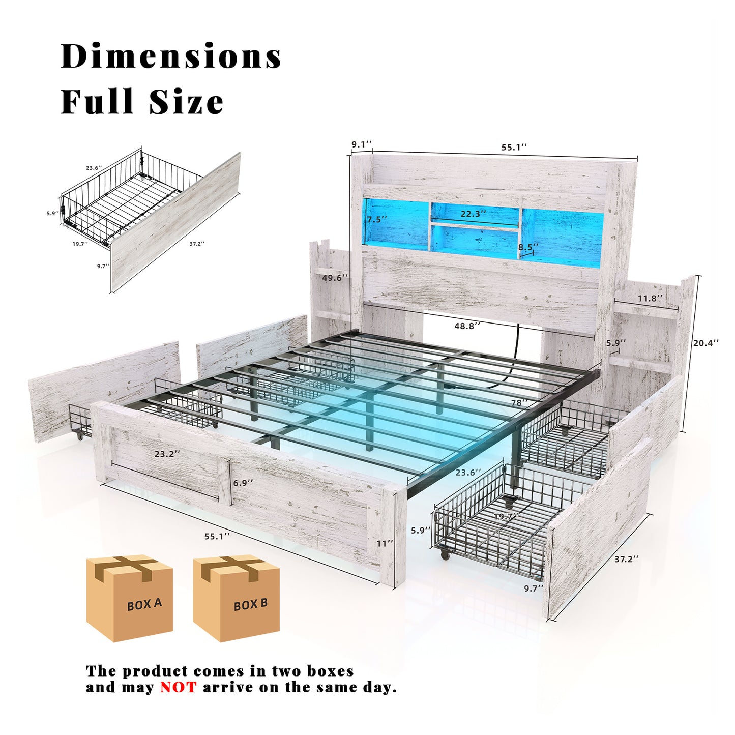 PAPABABE Bed Frame Featuring a 49.6-Inch Bookcase Headboard, Four Drawers, And Two Removable Storage Racks - a Farmhouse-Style Wooden Bed Frame Equipped with RGB LED Lights And a Charging Station, No Box Spring Required