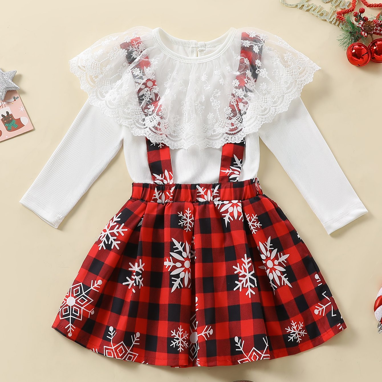 Girls' Winter Outfit Set - Lace Trim Knit Top & Plaid Snowflake Skirt with Red/ Pattern, Warm Long Sleeve Suspender Dress for Christmas, New Year's, Everyday - Easy-diaper-change Girls Clothing, for Outdoor