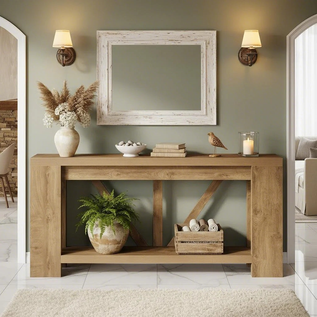 70.9 Inch Light Brown Farmhouse Wood Console Table | Extra Long Sofa Table Behind Couch for Holiday Home Decor, BYBLIGHT, Engineered Wood, Contemporary Style
