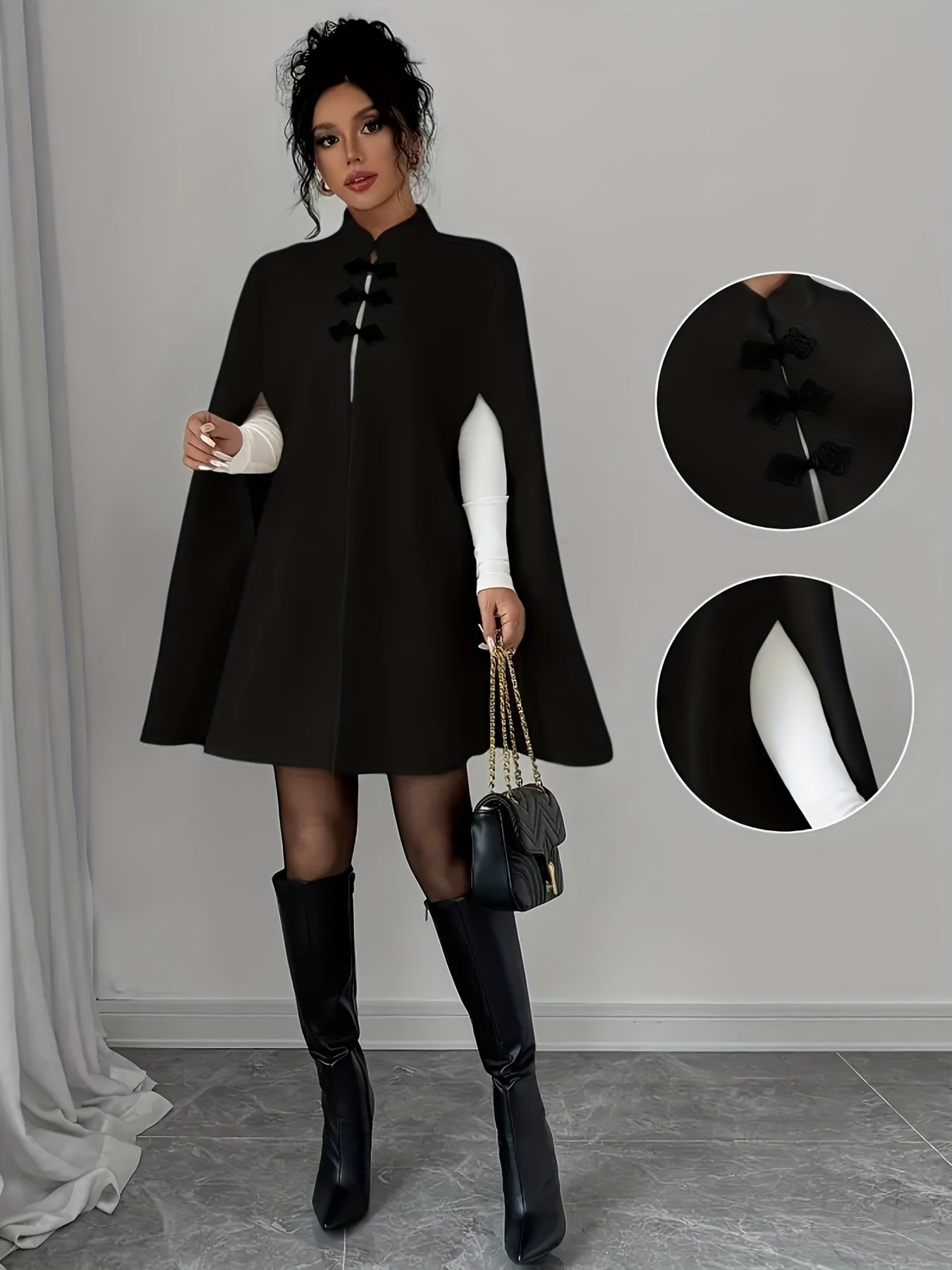 Plus Size, Plus Size Women's Elegant Chinese Cape Coat - Winter Thick Jacket with Stand Collar & Mandarin, Front Closure, Belted Waist, Machine Washable Outerwear for Weddings, Parties, Professional (Warm Coat)