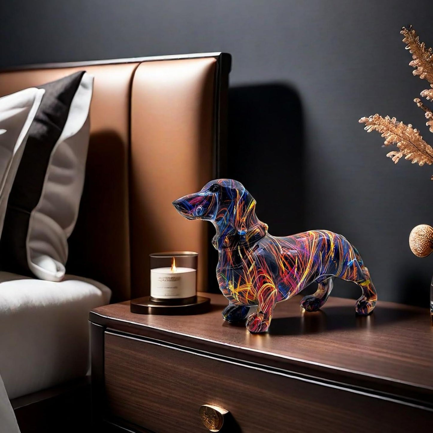 A Decorative Sculpture of a Dachshund Dog, Designed As Graffiti Art, Perfect for Enhancing The Aesthetic of Your Living Room, Bedroom, Bookshelf, TV Cabinet, Or Desk. It Serves As a Charming Centerpiece Or Ornament