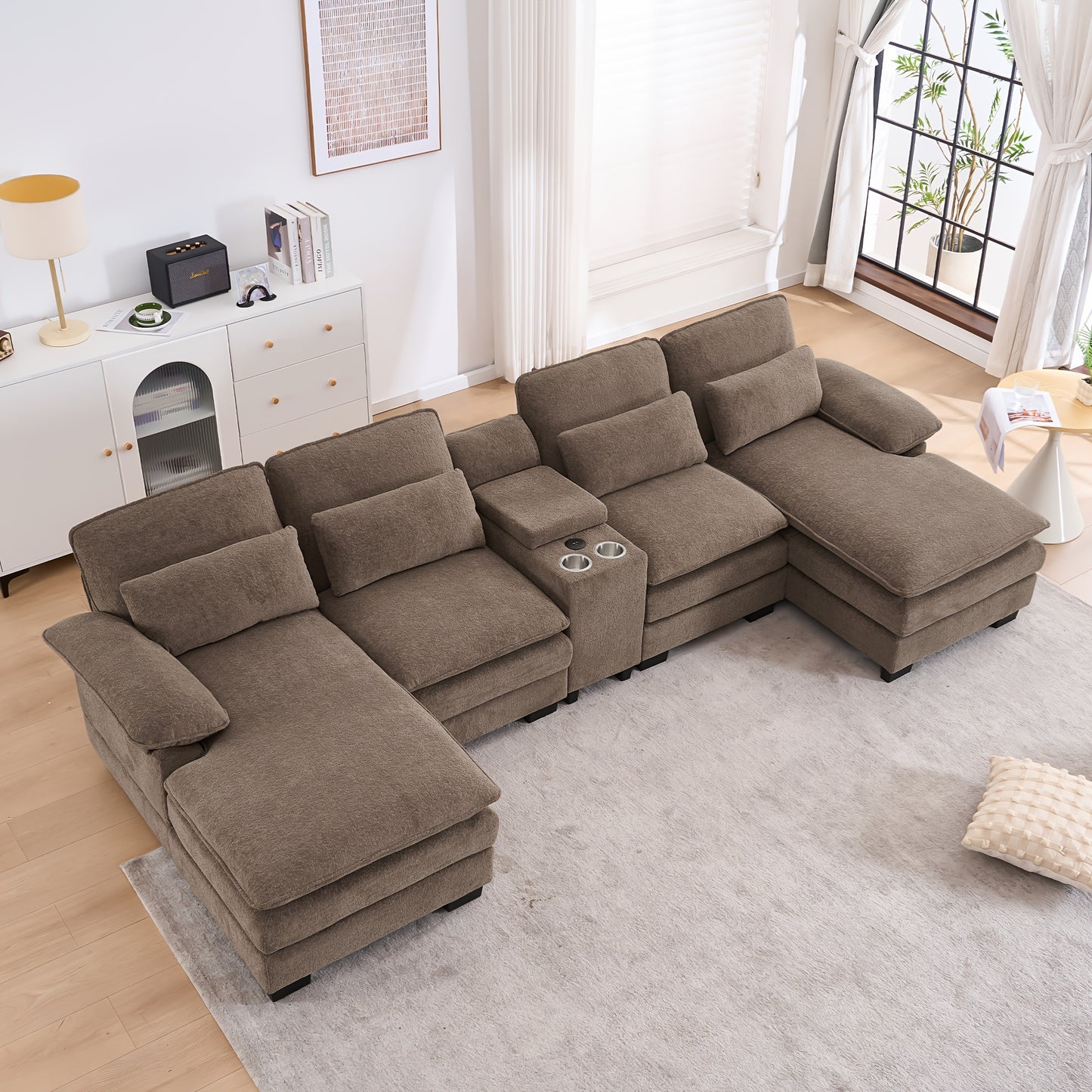 Living Room Comfort Combo Sofa, U-Shaped Cloud Sofa Combination Sofa, Modern Corduroy Modular Sofa with Recliner, Console Cup Holder