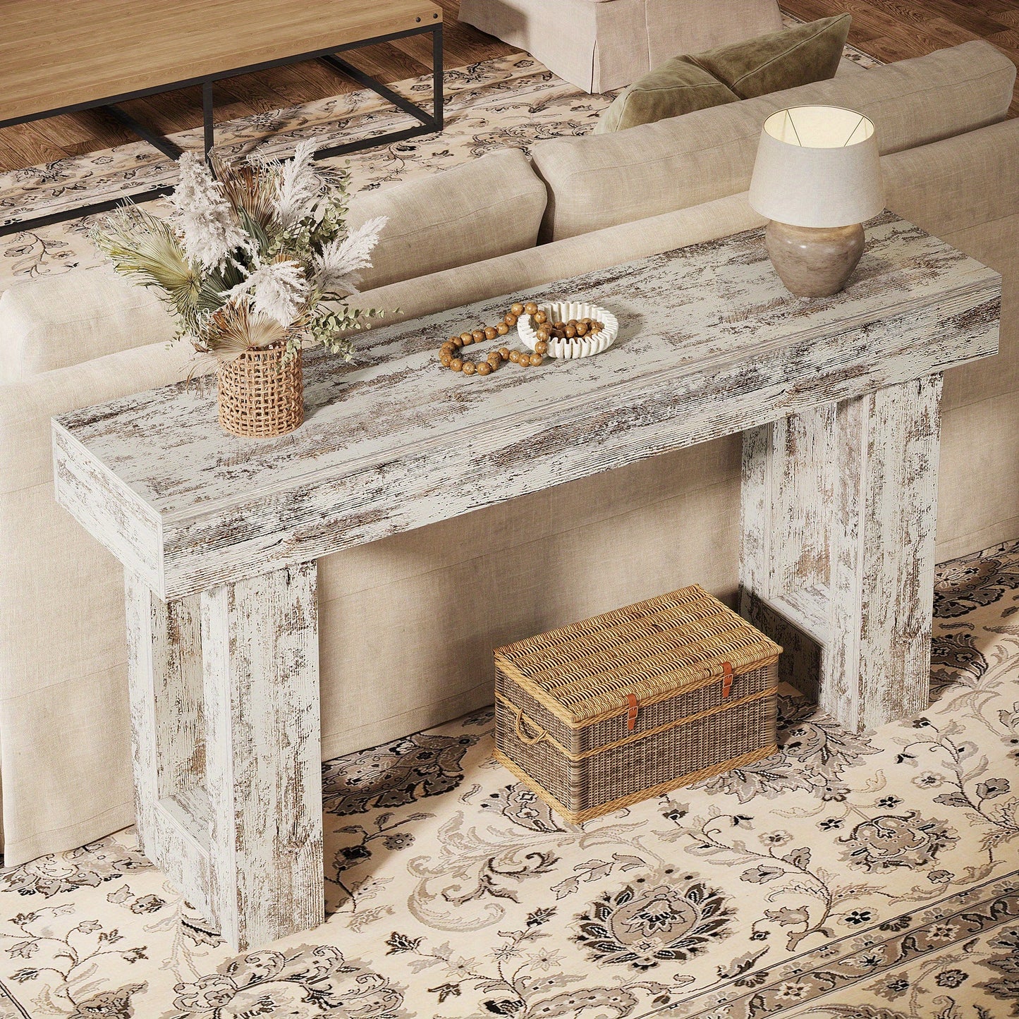 63" Farmhouse Console Table, Natural Wooden Sofa Table Rectangular Accent Console for Entryway, Hallway & Living Room (Distressed White)