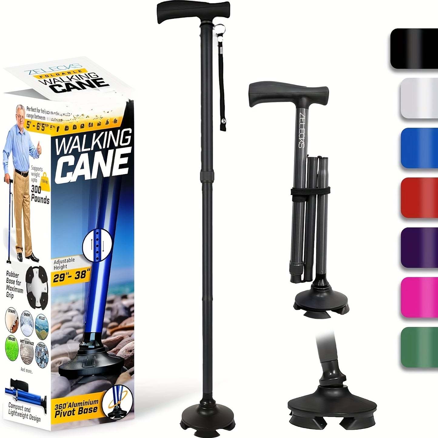 Adjustable Folding Walking Cane for Seniors - Lightweight Self-Standing Collapsible Design with T-Handle & 360° Pivot Base, 300lb Capacity, Ergonomic Grip, Compact Storage, Black, Elderly Mobility Aid, Secure Locking Mechani