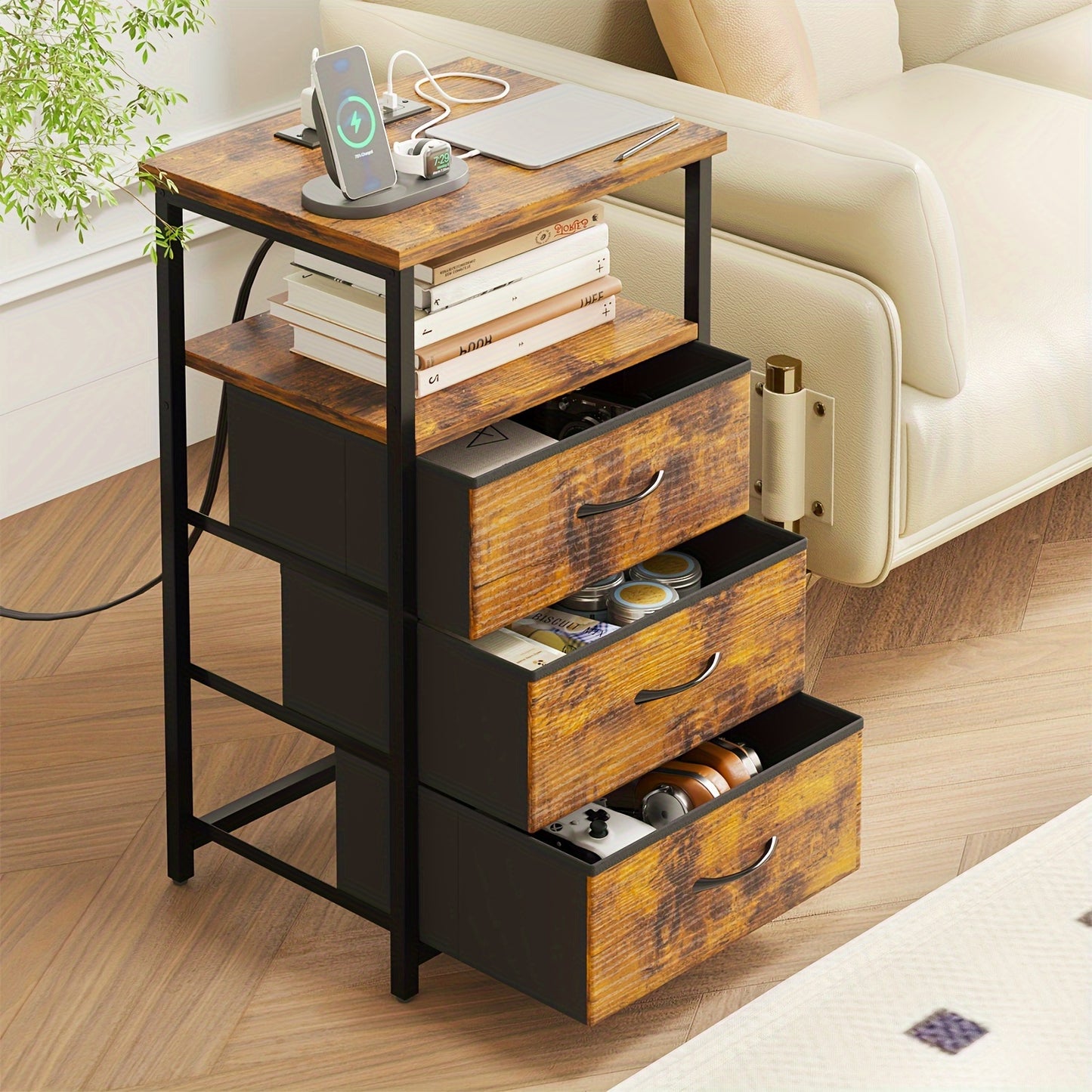WHONLINE 1/2pcs Night Stand With Charging Station, Nightstand 1/2 Set With 3 Fabric Drawers, End Table With Storage, Night Stand For Bedroom, School And Dormitory Storage, Black End Table, Heavy Duty Night Stand, For Hallowee