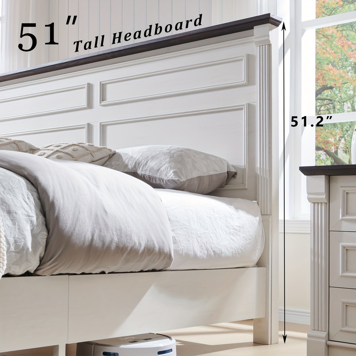 Farmhouse King/ Queen/ Full Size Bed Frame with Tall Headboard, Wood Platform Bed Frame with 20" Tall Roman Column Decoration Footboard & 3 Large Storage Drawers, No Box Spring Needed