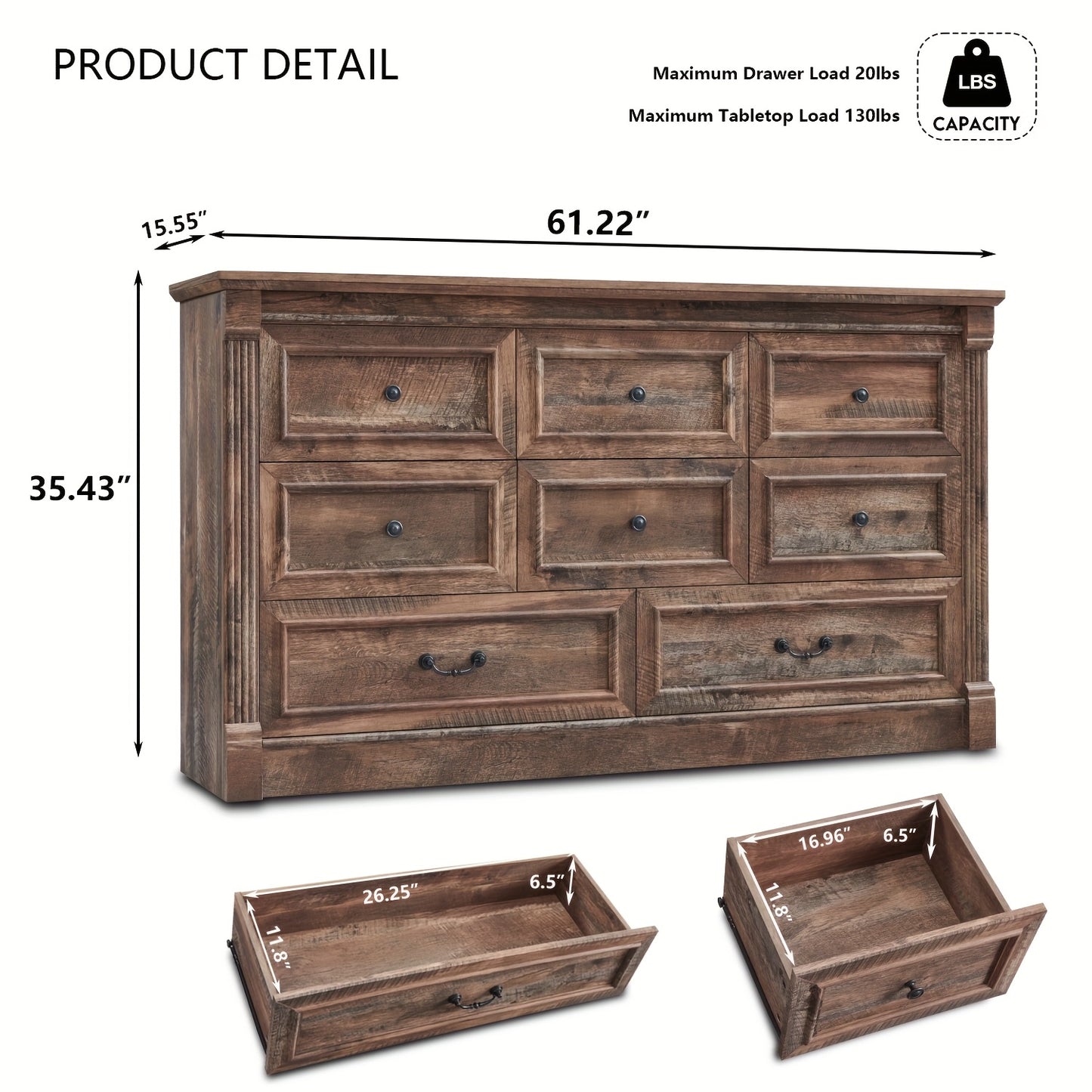 [8-Drawer Wood Chest] Farmhouse 8 Drawers Dresser, 61" Wide Wood Chest Large Storage Dressers W/Roman Column for Bedroom, Hallway | Wooden Decor, Hallway Furniture, Bedroom Storage, Rustic Decor, Classic Design, Durable Craft