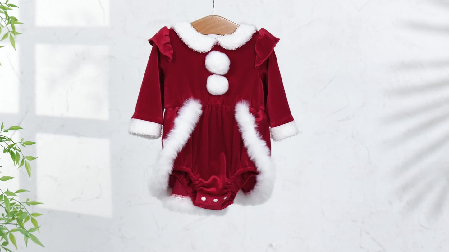 2pcs Set Baby Girls' Plush Patchwork Christmas Romper Dress & Hat Set - Soft Green & White Long Sleeve Jumpsuit with Ruffled Trim, Snap Closure, Cozy Winter Outfit for &, Machine Washable Holiday Outwear (Christmas Party Outf