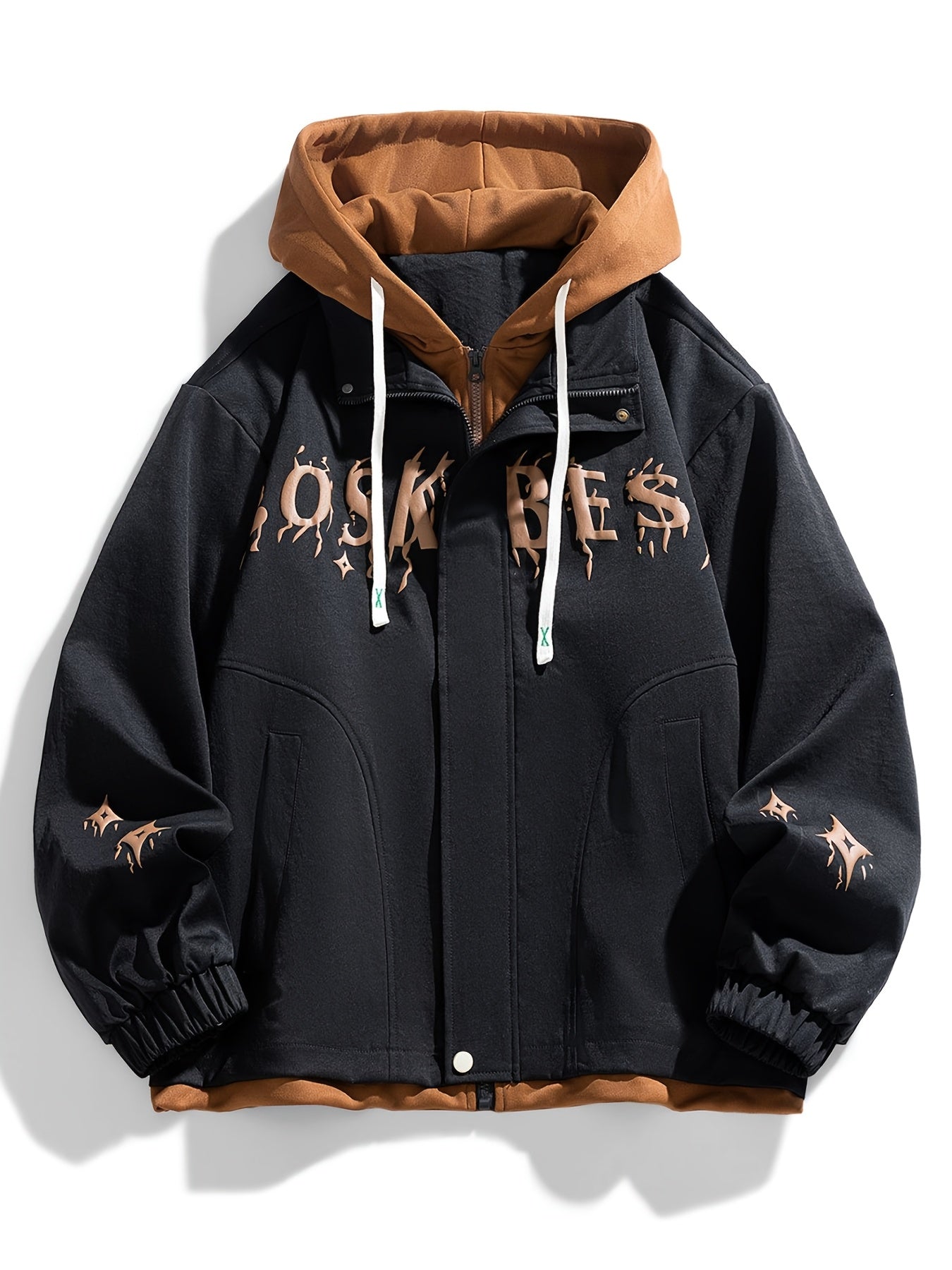 Men'S Urban Fashion: A Large, Color-Blocked Hooded Jacket Featuring Striking Text And a Faux Layering Style, Along with a Spring Crewneck Sweatshirt Designed to Look Like a Two-Piece, And a Casual Zip-Up, Plus Size