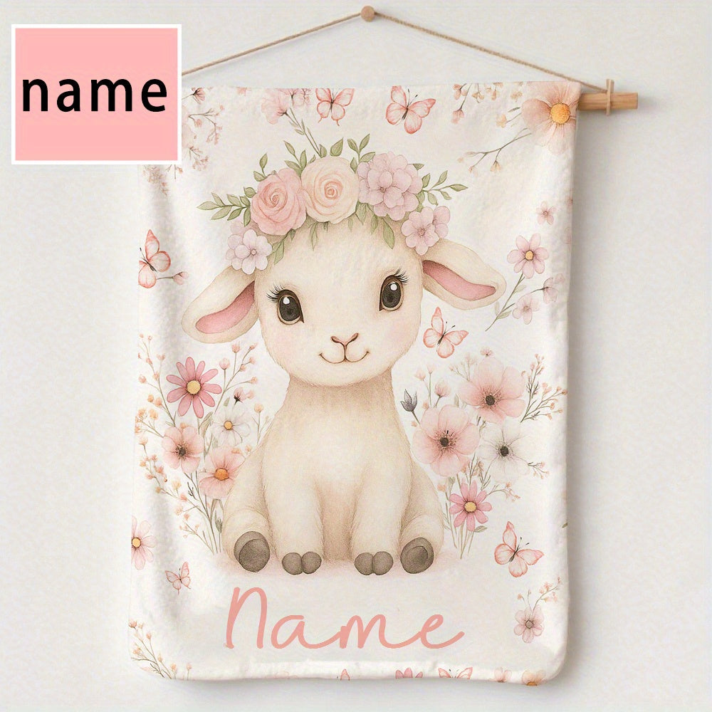 1pc Name Blanket - Cute Lamb & Pink Flowers Print with Custom Name, Soft Cozy Warm Throw for All Seasons, Adorable Sheep & Floral Design, Ideal Gift for Christmas, Birthdays, Showers, Travel & Home Use, Hand Wash Only, White