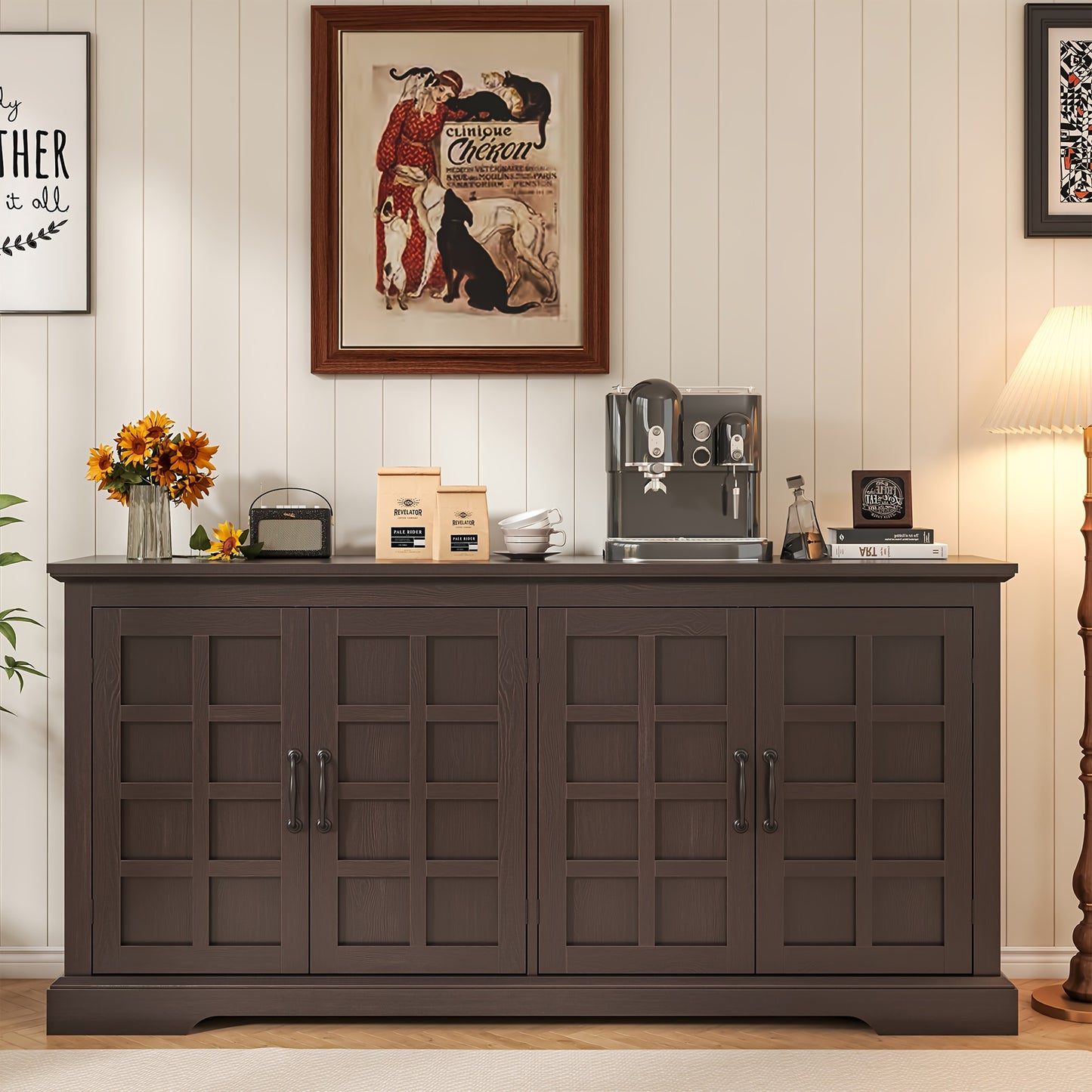 70" Large Buffet Cabinet, Kitchen Pantry Cabinet, Farmhouse Buffet Sideboard Cabinet With Doors And Shelves, Buffet Table Coffee Bar Wine Bar Storage Cabinet For Kitchen, Living Room, Dark Brown