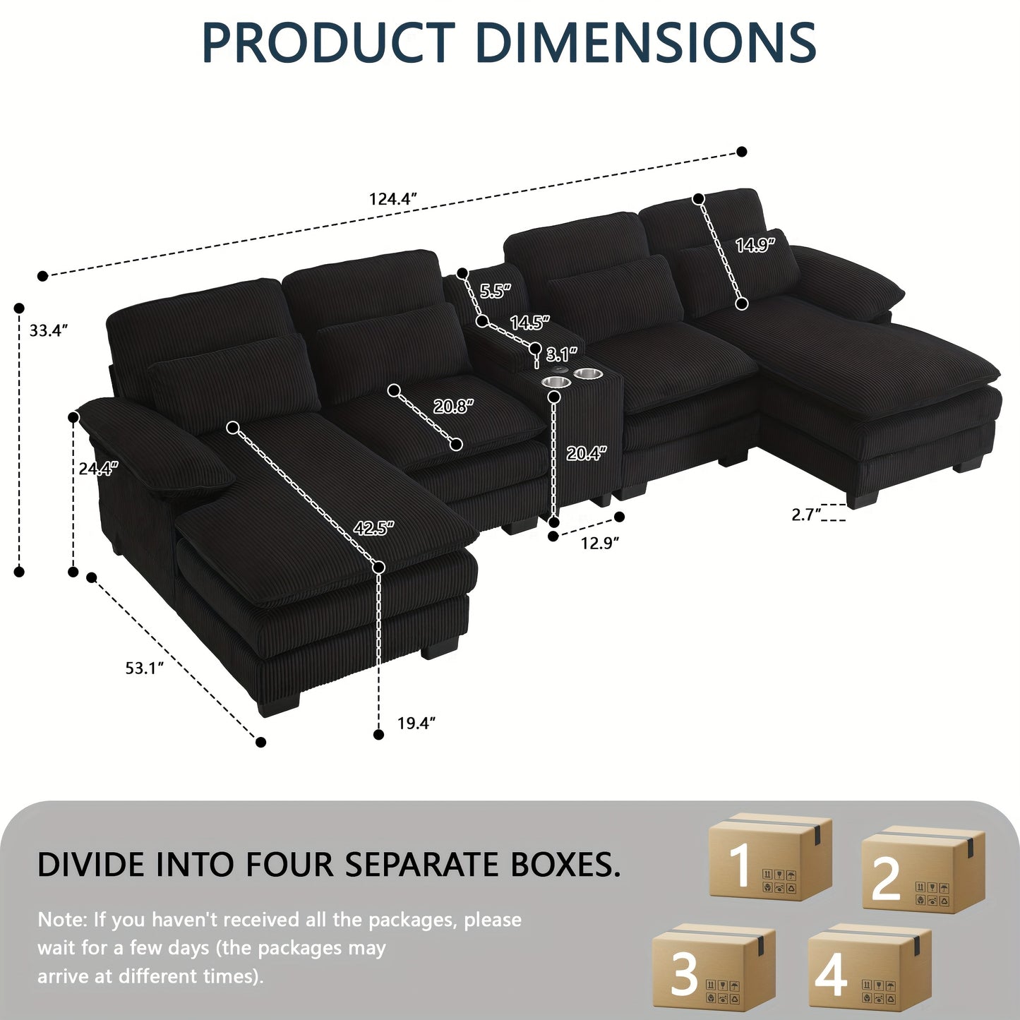 Living Room Comfort Combo Sofa, U-Shaped Cloud Sofa Combination Sofa, Modern Corduroy Modular Sofa with Recliner, Console Cup Holder