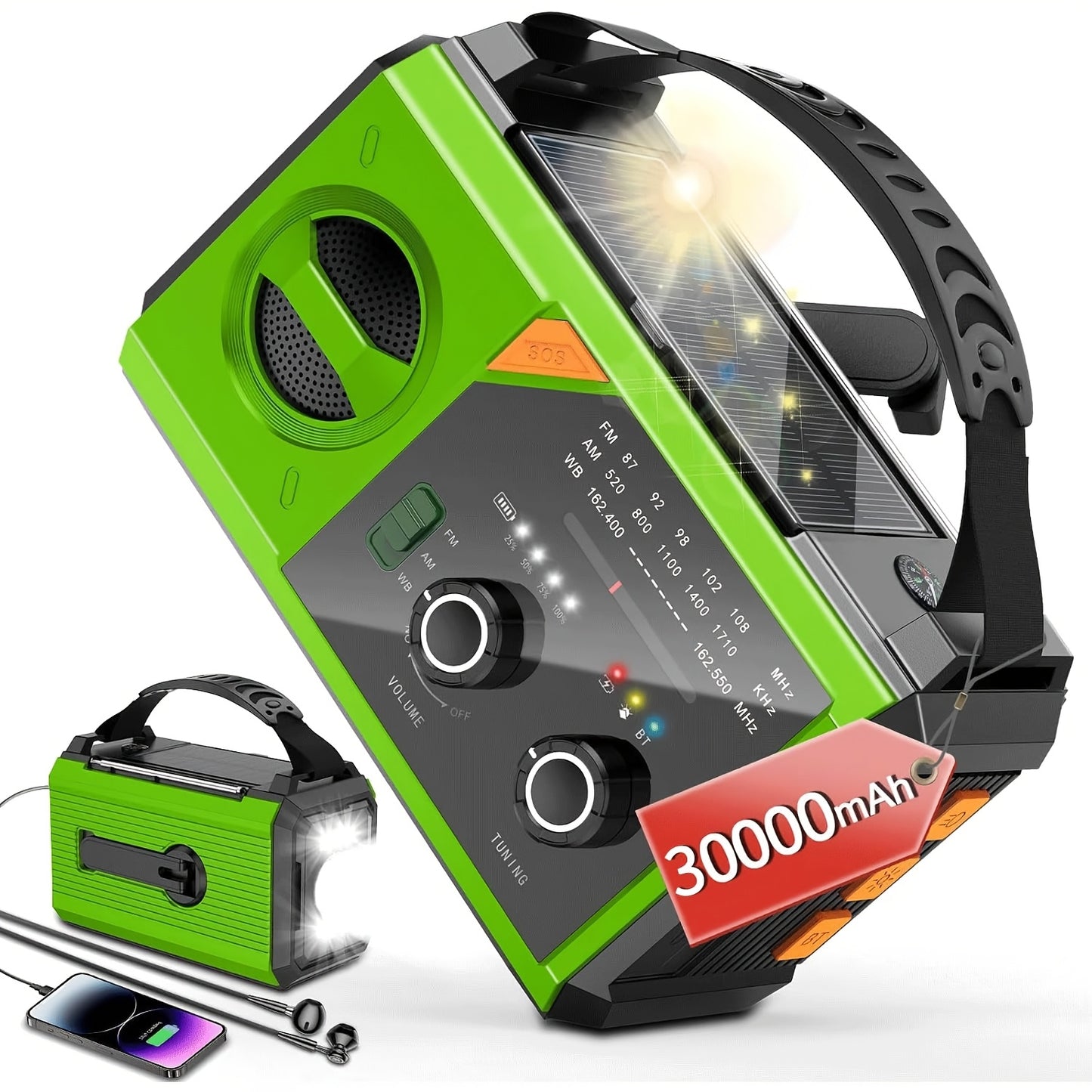 30000mAh Emergency Weather Radio with Hand Crank - NOAA Weather Alert Radio,  SOS, Power Bank 2 Solar Panels