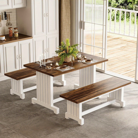 4-Person Dining Table Set with 2 Benches - Modern Kitchen Table with MDF Board, Space-Saving Dinette for Kitchen, Dining Room, Brown and White, Contemporary Style, No Electricity Needed, Dining Table for 4, Kitchen Table, Min