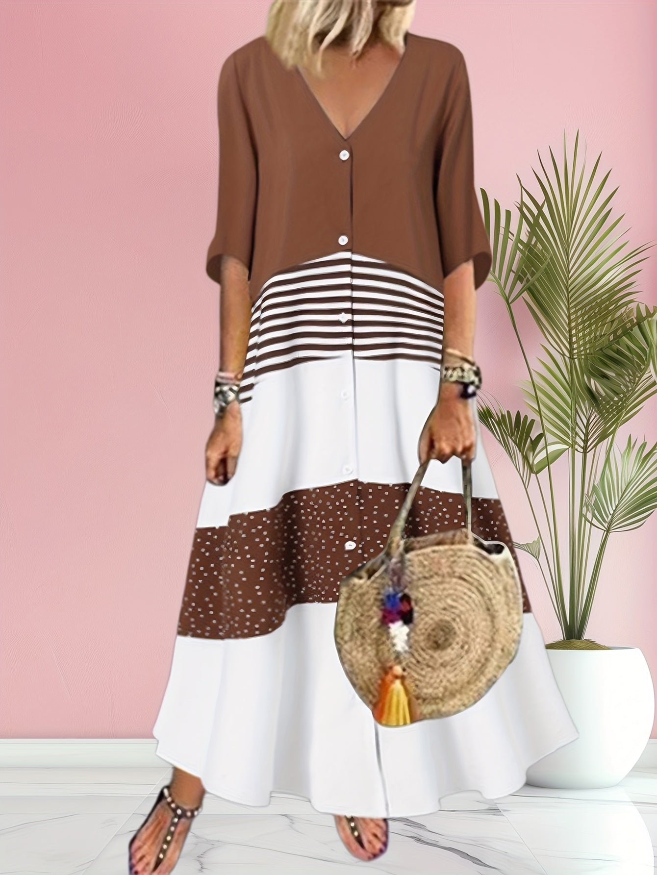 Plus Size, Oversized Women's V-neck Short Sleeved Printed Dress, Button Casual Contrasting Mid Length Skirt