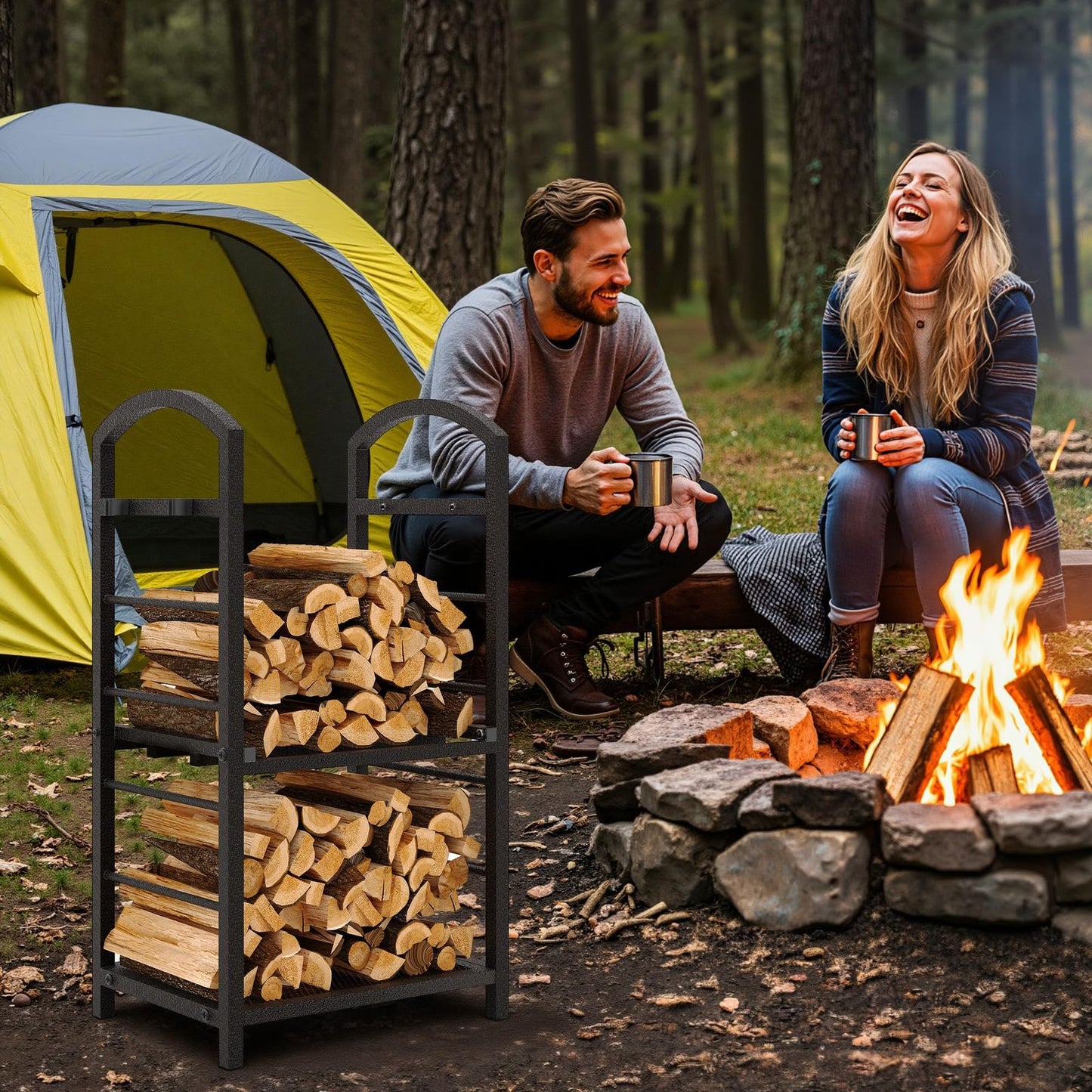 30 Inch Large Metal Firewood Rack | High Capacity Fireplace Log Storage with Kindling Hooks, Durable Wood Storage Organizer, Multipurpose Use, GAOMON Brand