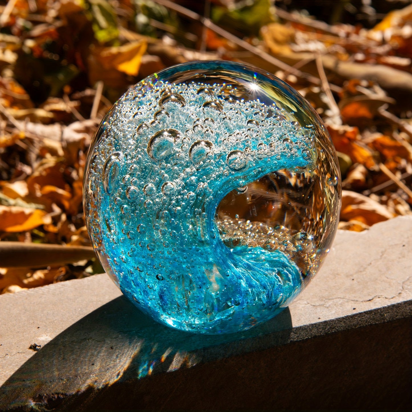 KANGMING Ocean Style Handmade Blown Glass Wave Paperweight, a Small Decorative Statue for Home Collection, Handcrafted Art Ornament, Collectible Souvenir, Blending Sky Blue with Golden Sand (8 Cm / 3.15 Inches / 700 Grams / 1