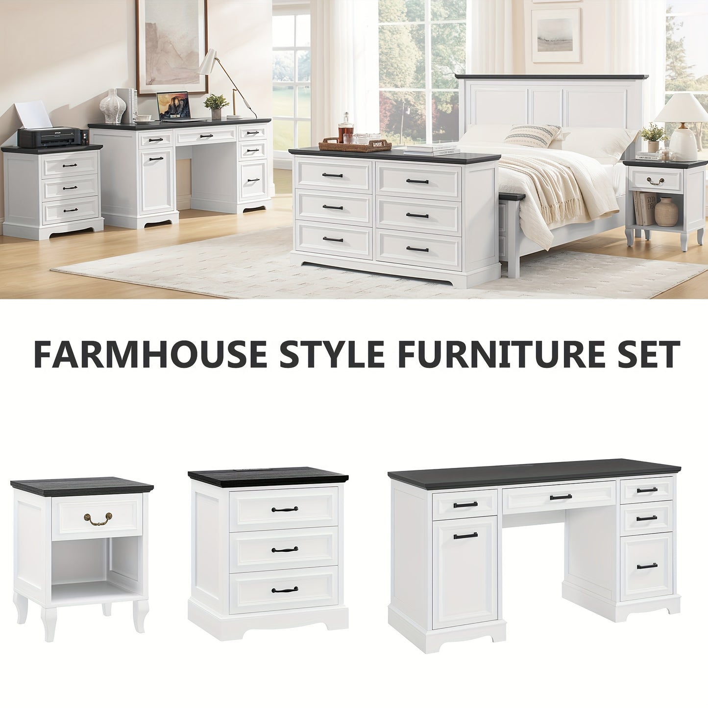 Farmhouse Nightstand Set Of 2, Wood Night Stand With 3 Drawers And Charging Station