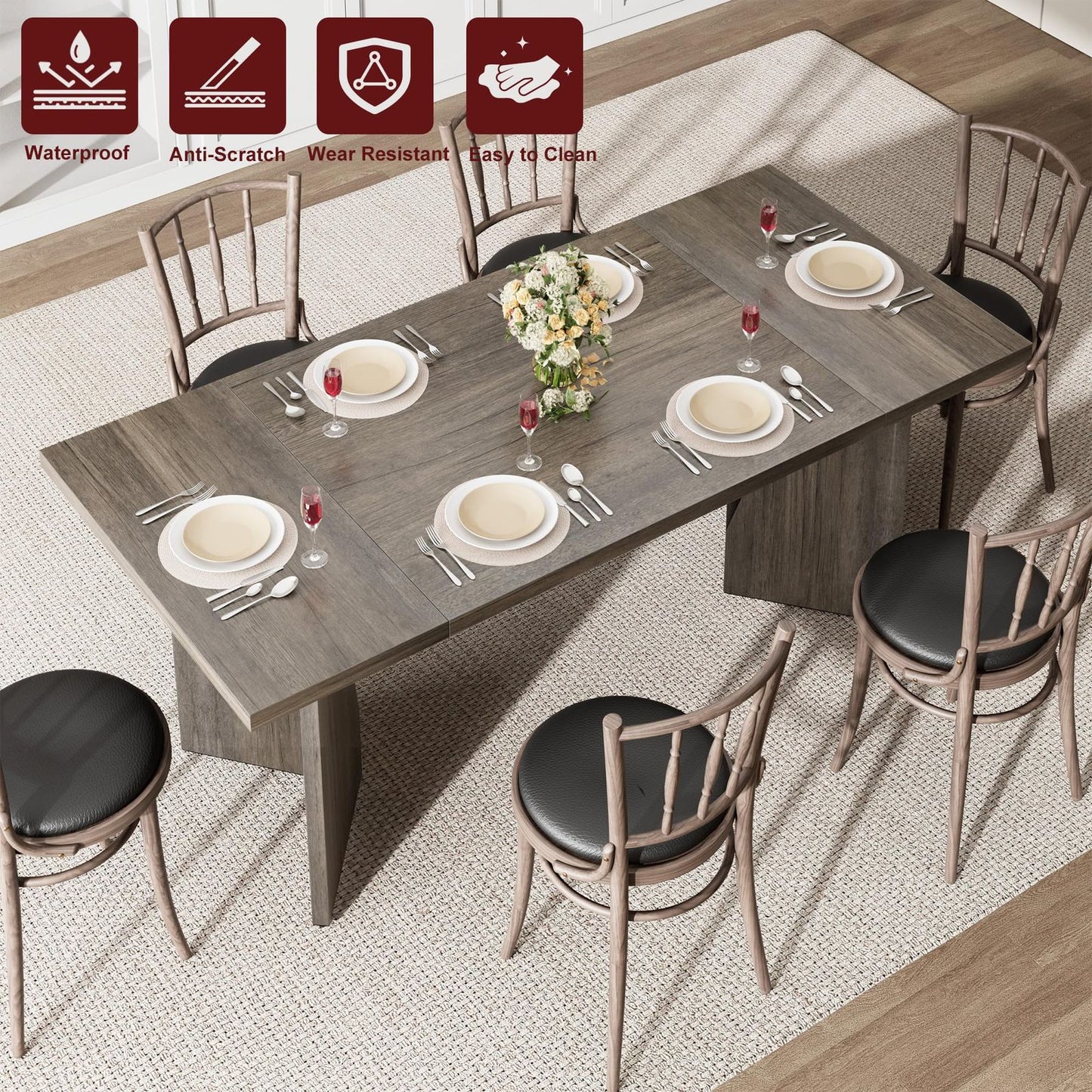 71 Inch Farmhouse Style Rectangular Dining Table for 6-8 People | Large Wooden Kitchen Table with Thickened Long Desk and Sturdy Flat Legs, Perfect for Big Families and Parties, Gray, Hardwood, Multifunctional, GAOMON