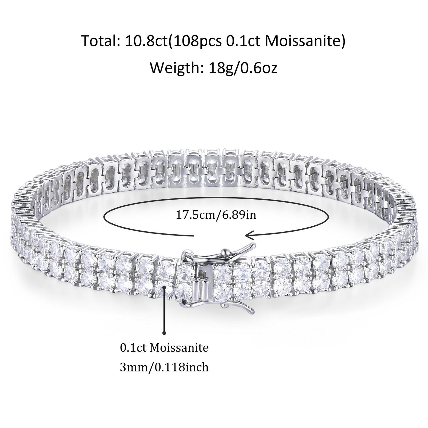 2 Rows Moissanite Tennis Bracelet For Women Men, 3mm D color VVS1 Round Cut, 925 Silver SparklingSolitaire Precious Birthday Valentine'S Day Wedding Christmas Brides Jewelry, Fine Jewelry Gifts For Women Men, Christmas Gifts