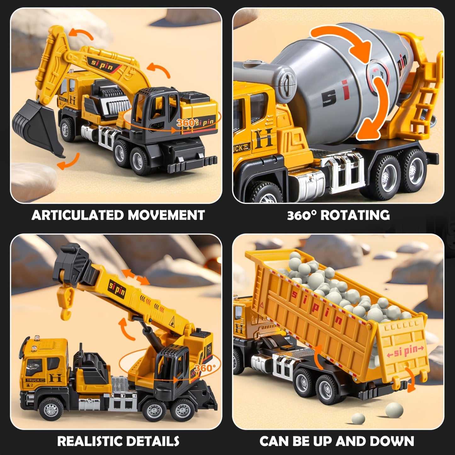 Die-Cast & Plastic Construction Truck Playset, Mini 5.8" Inertia Engineering Vehicle, Crane, Excavator, Cement Mixer, Dump Truck Toys for Boys 3-8 Years, Ideal Gift for Party Favor Christmas, Imaginative Play, ' Playset, Mini