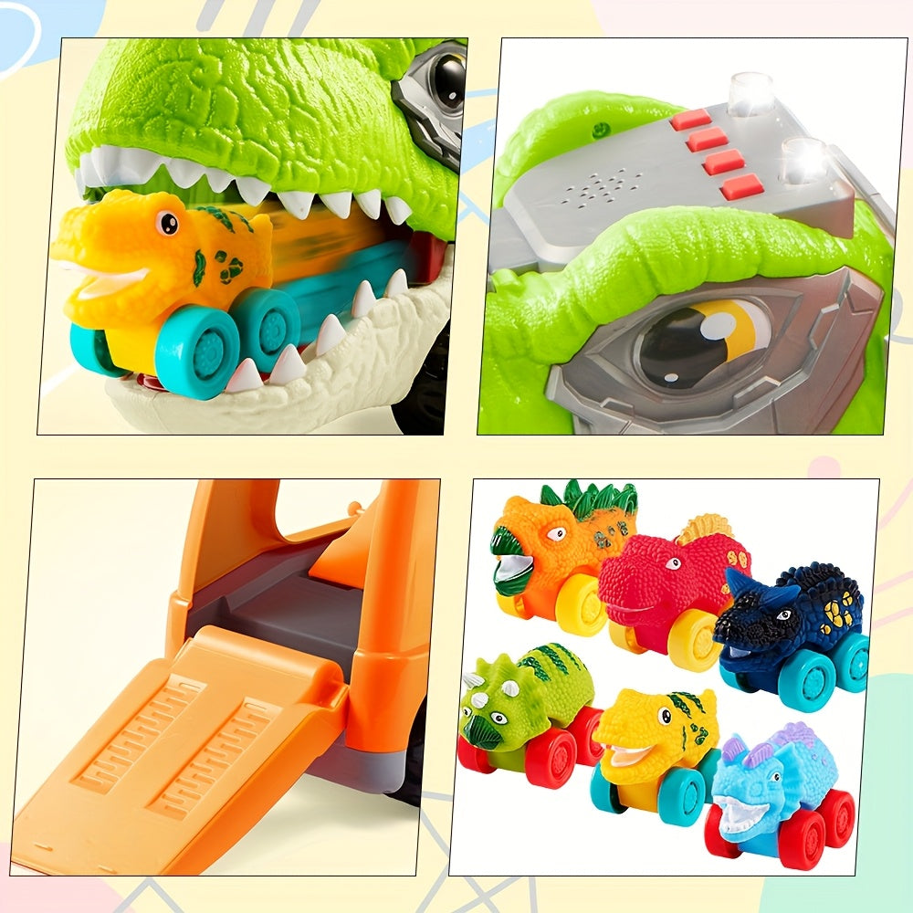 Dinosaur Truck toy for Kids, Dinosaur Car Carrier Truck with 6 Rubber Car Vehicles, Birthday Party Gifts with Music & Lights for boys and girls