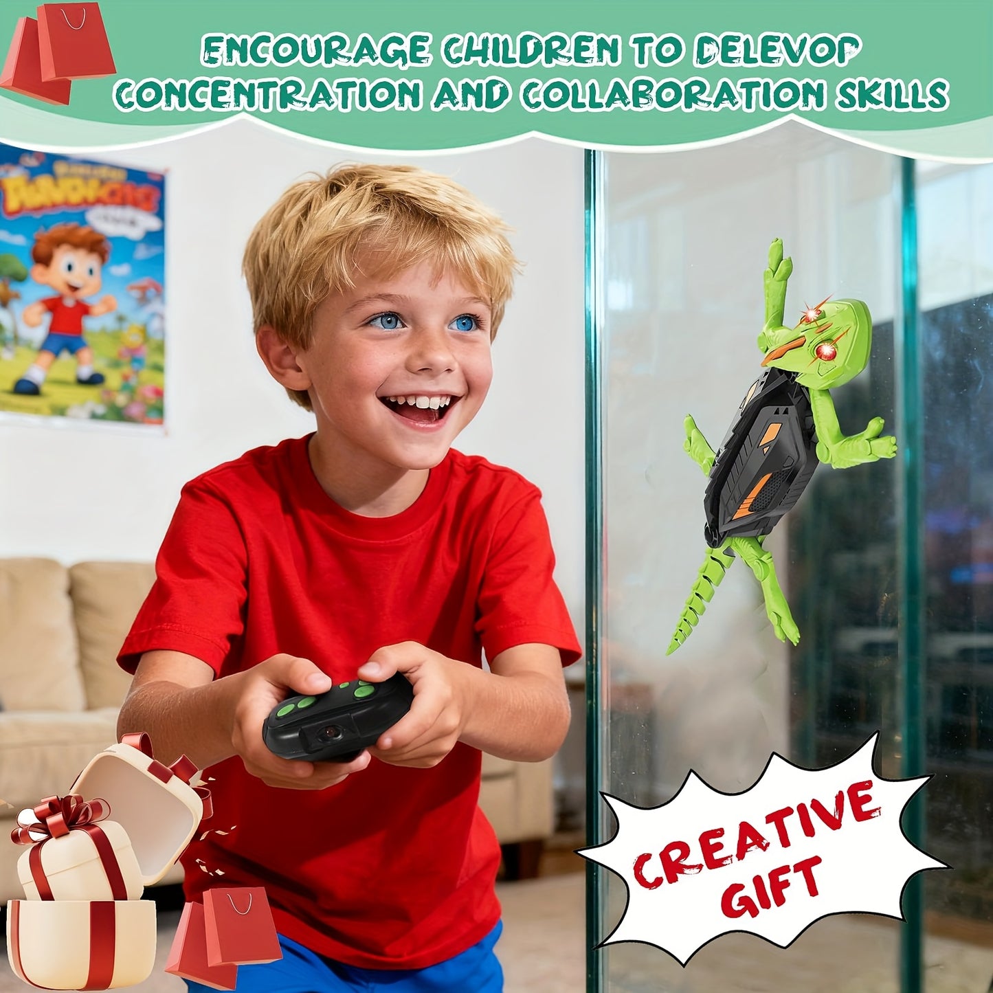 Gecko Remote Control Toy For Boy, Rechargeable Prank Lizard Toy, Wall Climbing Gecko Toy With LED Light, Dual-mode Floor And Wall Climbing Driving, 360° Rotation, Birthday, Halloween, Christmas Gifts